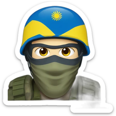 ukrainian soldier face in a mask with a ukrainian flag on the backgroun sticker