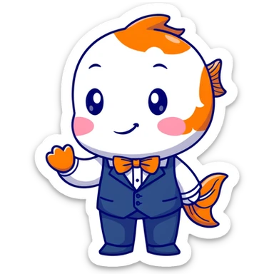 A charming and professional koi fish character, sleek rounded body with orange and white patterns, expressive eyes, friendly smile, wearing a neat business suit, white shirt, and tiny bowtie sticker