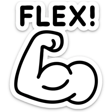 clean, bold cartoon-style flexing bicep emoji with the word ‘FLEX!’ written above the muscle in thick, playful lettering, simple colors, strong outline, easy to see when small, perfect for chat reactions sticker