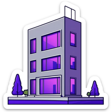 Minimalist gray concrete panel building, slight ghetto vibe, one window with bright purple ultraviolet light for growing plants, simple rectangular shape, stark and bare sticker