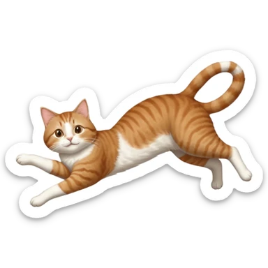 brown tabby and white cat with doing a big extremely long stretch reaching up into the air with arms and legs side by side together straight and overextended whilst lying on its side sticker
