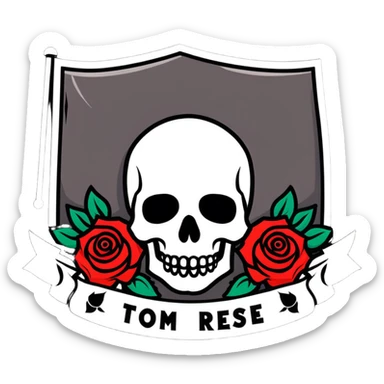Traditional Americana tattoo art skull with bold outlines, red roses, and a banner sticker