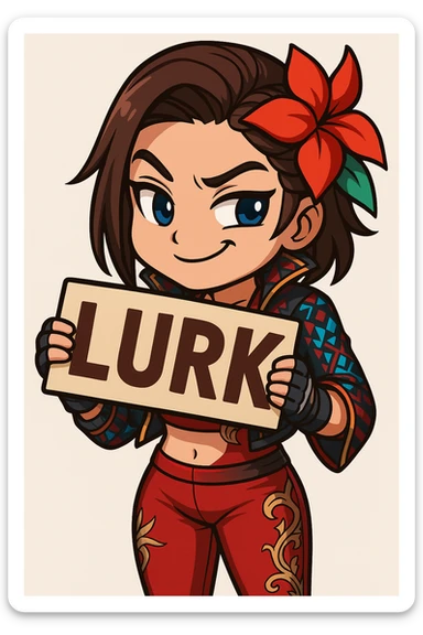 Azucena from Tekken 8 in chibi sticker style, holding a sign that says 'LURK', sneaky expression, wearing the detailed red and patterned outfit from the reference images, designed for Twitch emote use. sticker