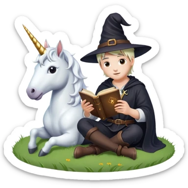 Cute male witch sitting in a field, next to a unicorn, reading a magic book sticker
