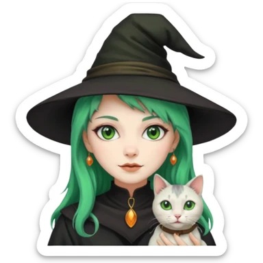 Witch with cat companion, green haired sticker