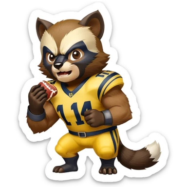 A wolverine animal wearing a Michigan jersey eating Brutus the buckeye sticker