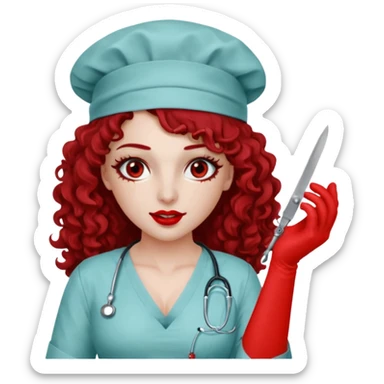Lilith scalpel in hand, evil surgeon sexy surgeon clothes.  She has red eyes. She has dark brown long curly hair. Wears sexy doctor outfit with red gloves. Covers mouth neck and nose with red litham only covering under her nose to hide her identity sticker