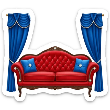 Vintage velvet red red sofa with rhinestone buttons and blue curtains in the background sofa with rhinestones buttons sticker