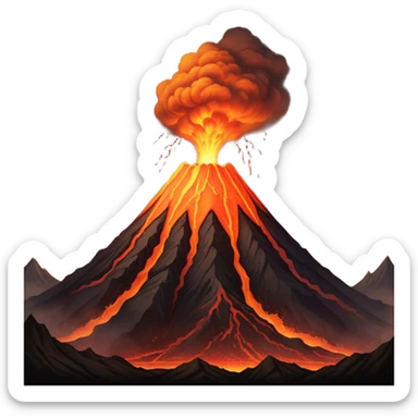 Cinematic Realistic Volcano Emoji, Powerful and awe-inspiring, with molten lava flowing from its jagged, smoking peak, casting an orange glow in the surrounding darkness. The landscape around it is barren and rocky, with clouds of ash rising into the sky. Soft glowing outline, capturing the essence of raw power and fiery energy in a towering volcano. sticker