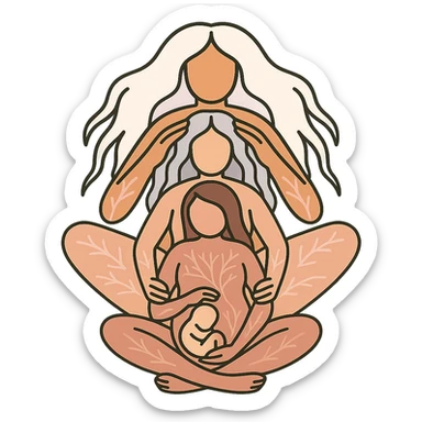 Several generations of women sitting one behind another as in the reference image, all dressed in flesh-colored bodysuits, stylized in Chinese Eastern style similar to zodiac year symbols. Use thin, clean contours with soft rounded shapes. Employ a pastel palette including #98B5BC, #B5B3C1, #C9A3C9, #E4C0CA, #F7DCD1, #F7C0AA. Include detailed shadows and highlights with soft lighting. Transparent background. Less cute, no decorative elements. Silhouettes and composition as in the reference. sticker