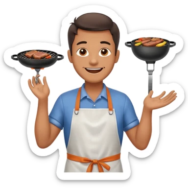 A cheerful man in an apron flipping meat on a sizzling grill with smoke puffing upward. sticker