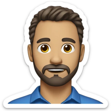 40 year old man with a large goatee, dark brown hair, wearing a blue collared shirt sticker
