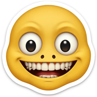 Yellow face emoji with only two teeth white and the rest of the teeth black and rotten, scars on the face and eyes wide with black pupils sticker