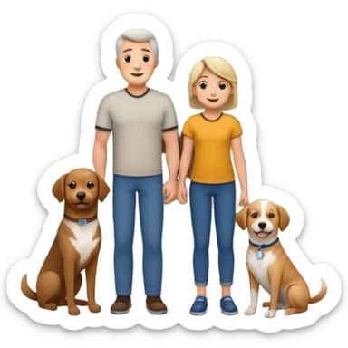 1 Father 1 Mother and 1 young boy who is half as tall as the parents, standing in front of their house with a dog next to them. Everyone should look VERY happy sticker