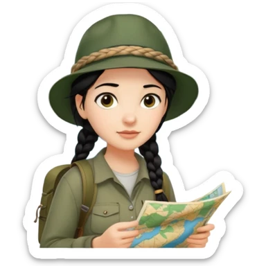 A braid black hair backpacking woman checking her map with curious eyes while walking in the woods with camping hat sticker