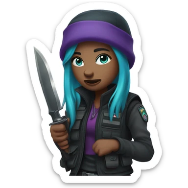 Girl, tactical vest, dark pants, long teal and purple hair, blue eyes, purple beanie hat, knife, black combat boots sticker