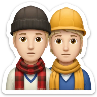 one person with two heads: with one head wearing a loggers hat and the other a football scarf sticker