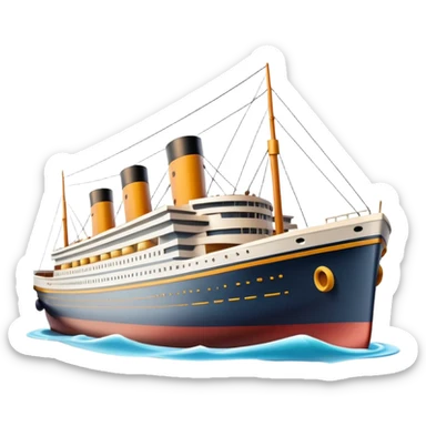 A 3D emoji of a Titanic ship in Apple style, glossy and smooth surface, bright clean colors with subtle shading, simple and minimal details, no face or expressions, floating on calm ocean, soft shadows, high-quality render, isolated on white background.


 sticker