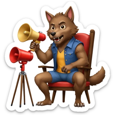 A werewolf in a directors chair with a megaphone sticker