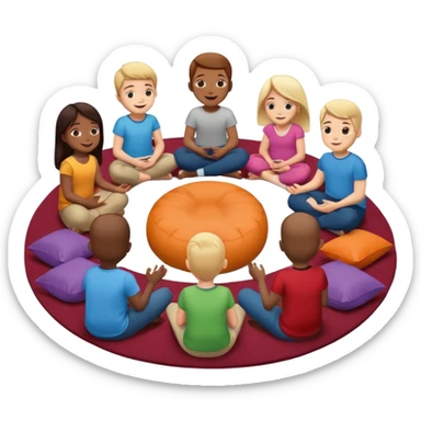 создай стикер где ребята сидят и обсуждают на утреннем круге какую то историю поддерживающая атвосверав, ребята сидят в полукруге на коврике и на мягких мешках sticker