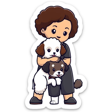 woman with short black hair hugging a brown poodle and a white bichon frise sticker