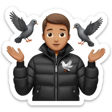 puffer shiny black jacket man open arms looking at a flying pigeon sticker