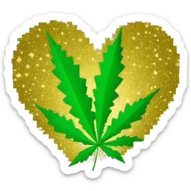 Pixel Sparkling gold stars 420 leaf hemp leaf inside a pixel heart sticker