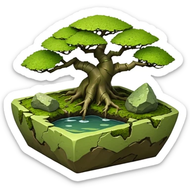 Stoneware akadama soil mosses irregular angular Stone Age rocks cracked and broken forming a very shallow bonsai pot sans(without) tree  sticker