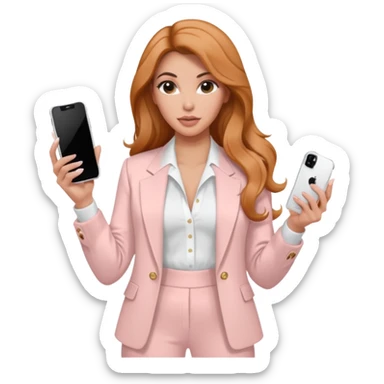 pale skin Kim Kardashian with ginger wavy long Hair, light pink  Spacious classical jacket, light pink palazzo Arrow pants and white blouse holding white IPhone 15 pro in the hands sticker