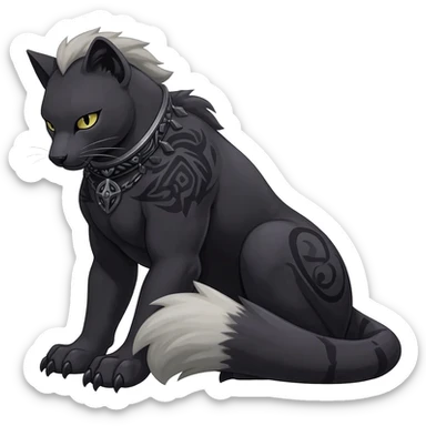 Rare dark dusky dull-colored exotic edgy cool epic aesthetic gothic emo Salandit-Litten-Furfrou-Houndoom-Civet-species-Fakemon-hybrid-creature, with a collar, and with intricate tribal markings, full body sticker