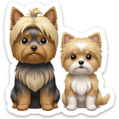 Generate a blue and tan purebred yorkie with a blonde shi tzu yorkie mix sitting next to each kther sticker