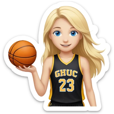 smiling girl with blue eyes and blonde long hair playing basketball with black and yellow jersey with GHC Logo sticker