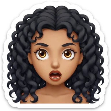 girl with long black curls and brown eyes, brown skin, eyelashes, siren eyes, make her mouth open and mad expression sticker