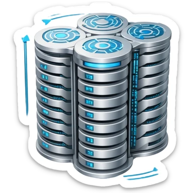 An icon featuring stacked server disks, a digital network grid, and binary code, symbolizing databases. The design includes data flow arrows, representing storage, organization, and retrieval of information. Transparent background highlights data-driven technologies. sticker
