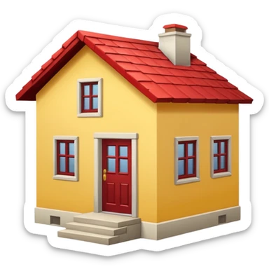 Front seight of a simple yellow house with a red roof, a simple door. Two steps in Front of the door, two windows sticker