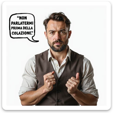 hyperrealistic 4K man isolated on white background with a speech bubble saying 'Non parlatemi prima della colazione', serious expression, realistic details sticker