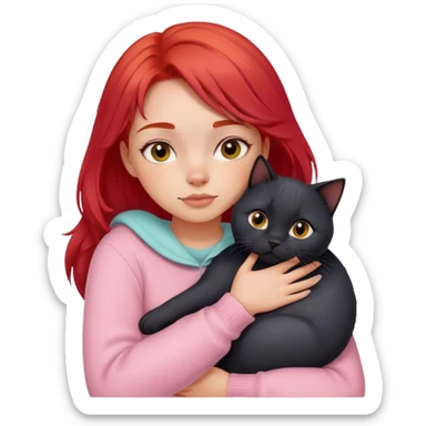 
a girl with red hair in pastel clothes hugs a black British cat sticker