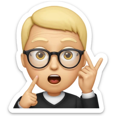 Generate a emoji head base with a shocked expression with a finger pushing the glasses down a little bit make the glasses tipped and make the head full yellow with a slight tint at the top with no hair also make the glasses tipped a 35 angle sticker