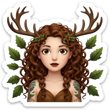 woman with long curly brown hair, brown eyes, white skin, tattoos, tree branches forming antlers above her sticker