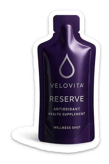 A small, premium purple wellness shot pouch with silver accents and a droplet logo, representing VELOVITA® RESERVE antioxidant health supplement. The pouch looks modern and high-end. sticker