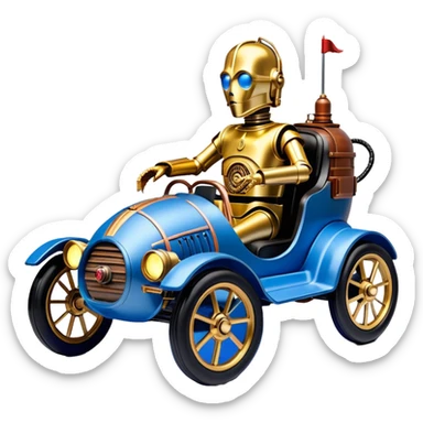  tarnished blue neon underglow C-3PO ghost buster 1927 delicately ornate rosegold wood barrel accents Model-T bucket powered by electric motors and batteries with racing safety belts while flying rapidly roughening terrain stable on strong agile advanced suspension and steering sticker