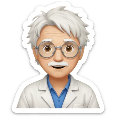 Portrait of an eccentric inventor with messy white hair, round goggles on forehead, wrinkled face with excited expression, wearing a slightly burnt lab coat, background of workshop with blueprints and tools sticker