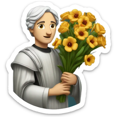 Petrarch holding a bouquet of flowers sticker