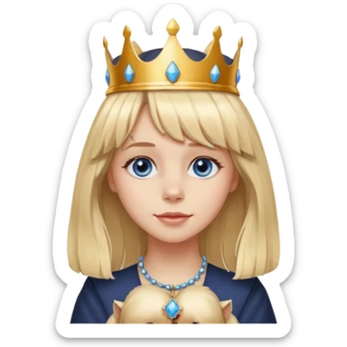simple Blonde girl with bangs and blue eyes, and a simple crown. giving cockerspaniel energy head only sticker
