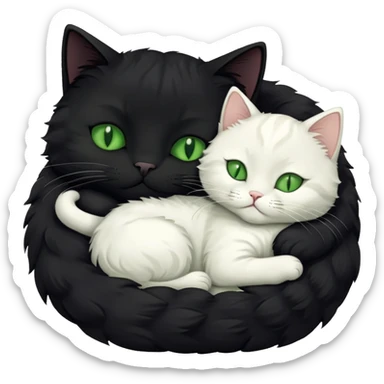 Big black cat with green eyes is sleeping with a small white cat sticker