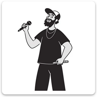 mature hip-hop artist with full beard wearing backwards baseball cap, happy expression, holding mic in left hand and pencil in right hand sticker
