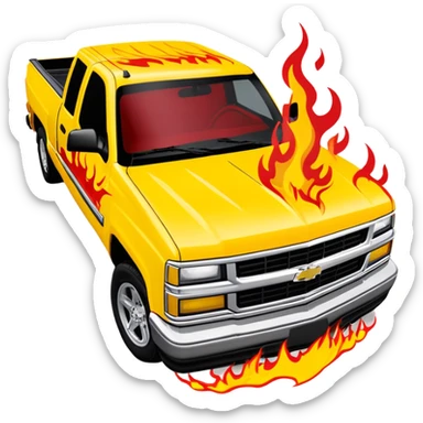 Bright yellow 1997 Chevrolet Silverado with authentic red flame print decal across the front hood, precise Kill Bill movie detail, 30-degree angle, iOS emoji style sticker