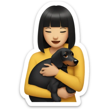 Asian woman with black neat bangs hugging black dachshund sticker
