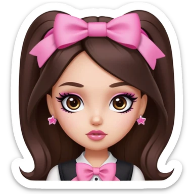 pretty bratz baddie, long hair brunette baddie with eyeliner and brown eyes and small pink bow sticker
