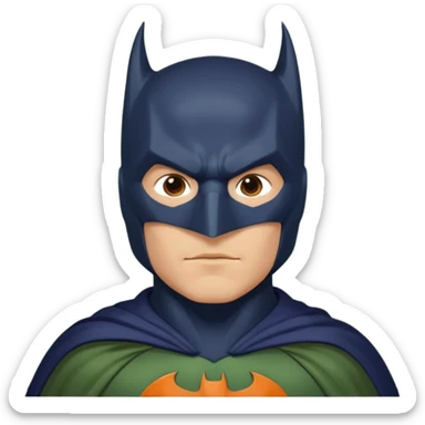 generate a batman emoji with just the face and neck showing and part of the cloak and and wings. Shade the bat logo on the chest in a medium green with a slight olive touch. Shade the mask in dark navy blue. Shade the cloak in a solid vibrant orange.

 sticker